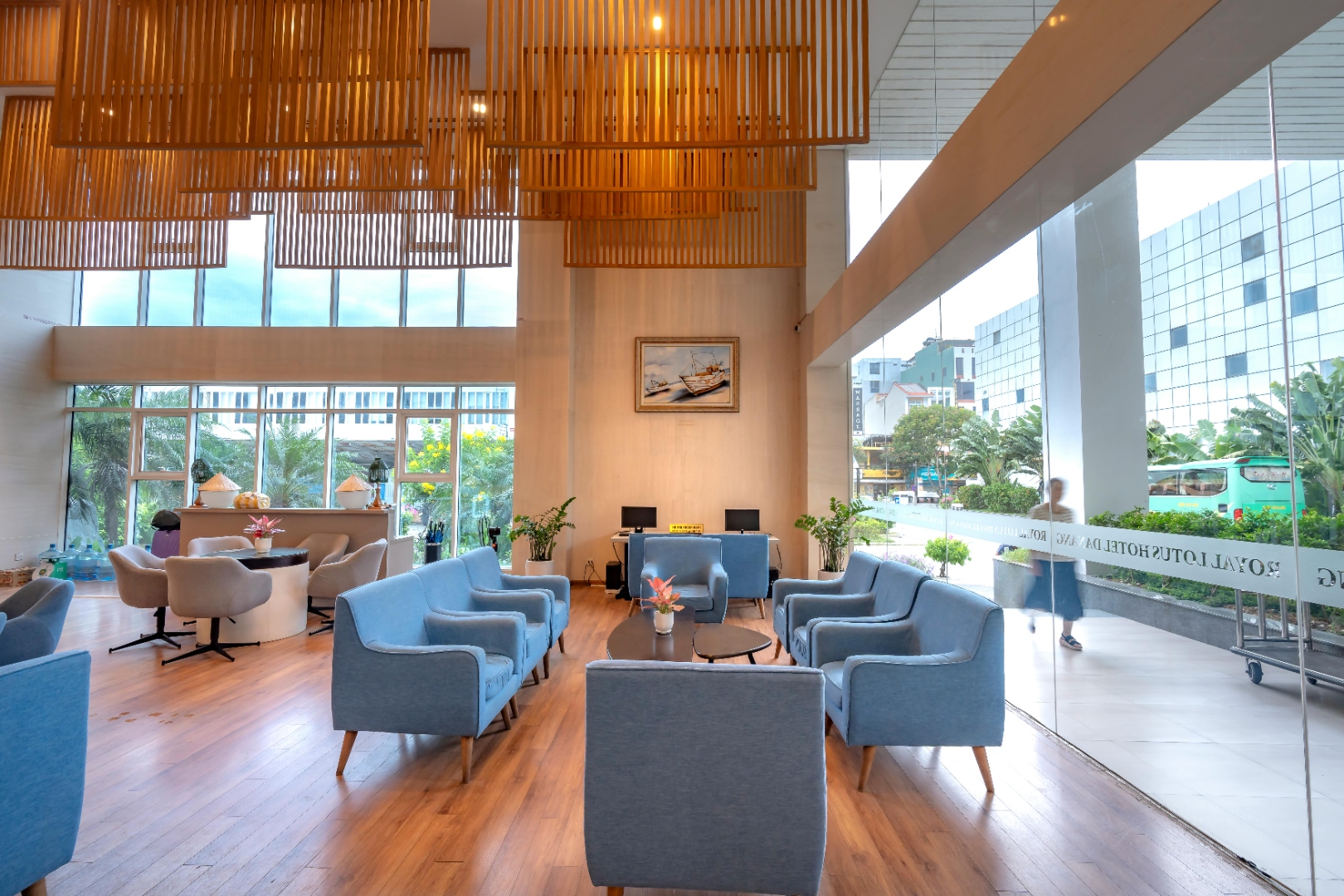 Luxury hotel lobby at golden hour